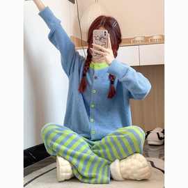 少女套装睡衣女冬毛绒可外穿拼色韩版季家居服保暖高级新款加厚
