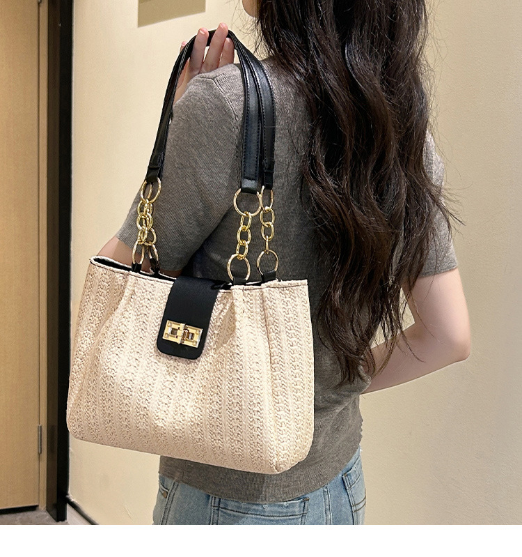 360g Weight Polyester Lining Material Lock clasp Closure Type Double Handle Strap Type Tote Bag Bags Type Daily Occasion Pu Leather, Straw Material Color Block Pattern All Seasons Season Women's Gender Streetwear Style Bucket Shape Medium Size Women's Medium Pu Leather Straw Color Block Streetwear Bucket Lock Clasp Tote Bag 8