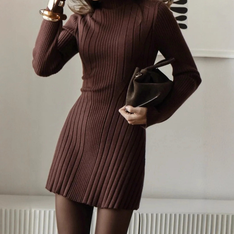 European and American 2025 Cross-Border Dress New Long-Sleeved Tight Knitted Dress High Collar Bottoming Hip-Covering Pure Color Elegant