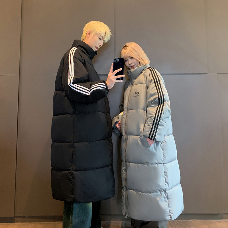 2024 new winter hooded long cotton-padded jacket couples knee-high Korean fashion cotton-padded jacket a generation of hair