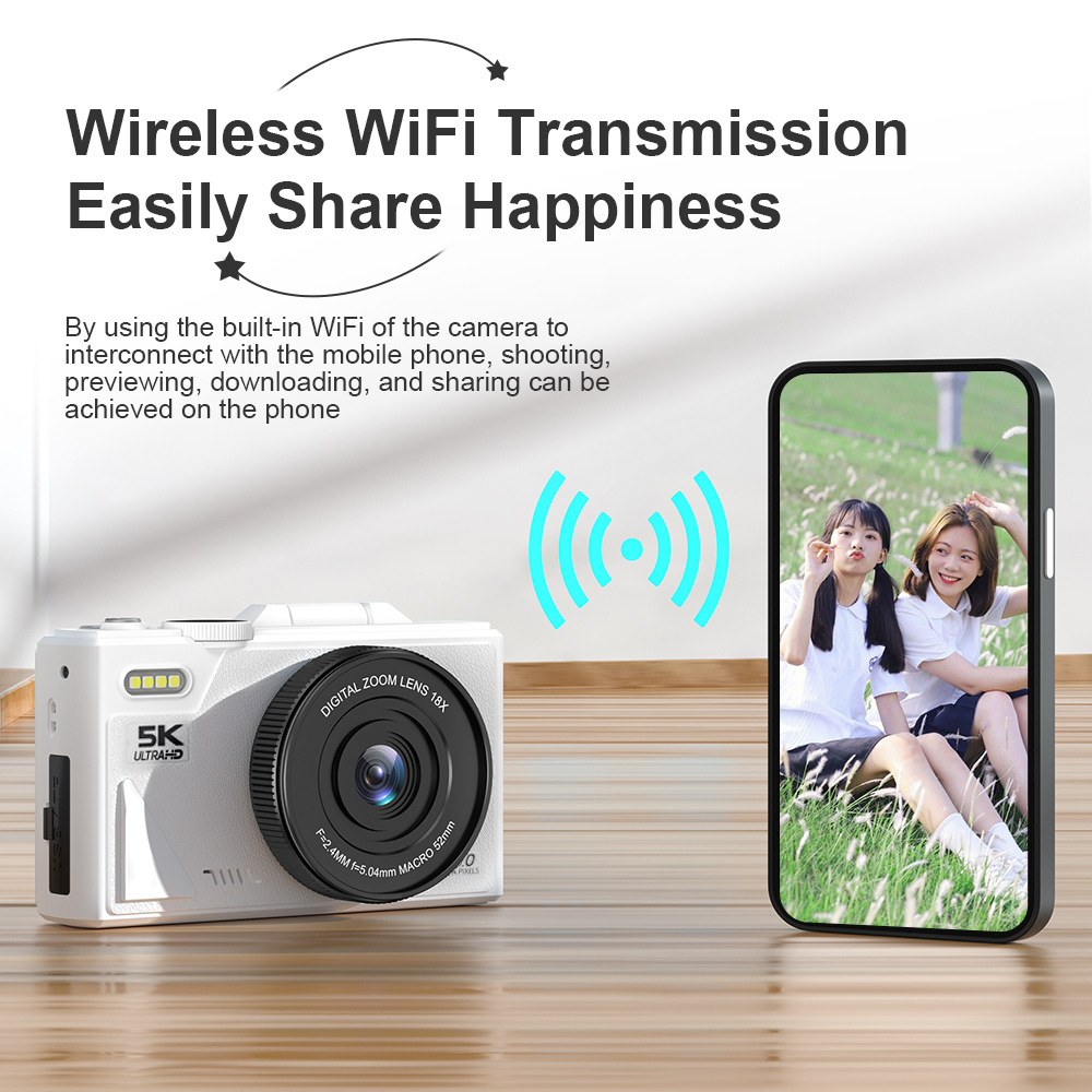 W1デジタル5Kカメラ、WiFi伝送、レトロ女子向け、学校、初心者、旅行用カメラ