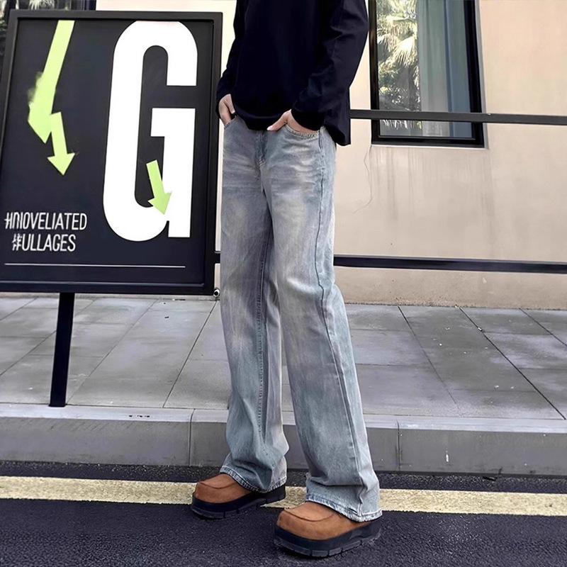 American High Street Bamboo Pattern Micro-Flared Straight Jeans for Men Spring and Summer Cleanfit Versatile Floor-Length Pants Light Blue Trendy