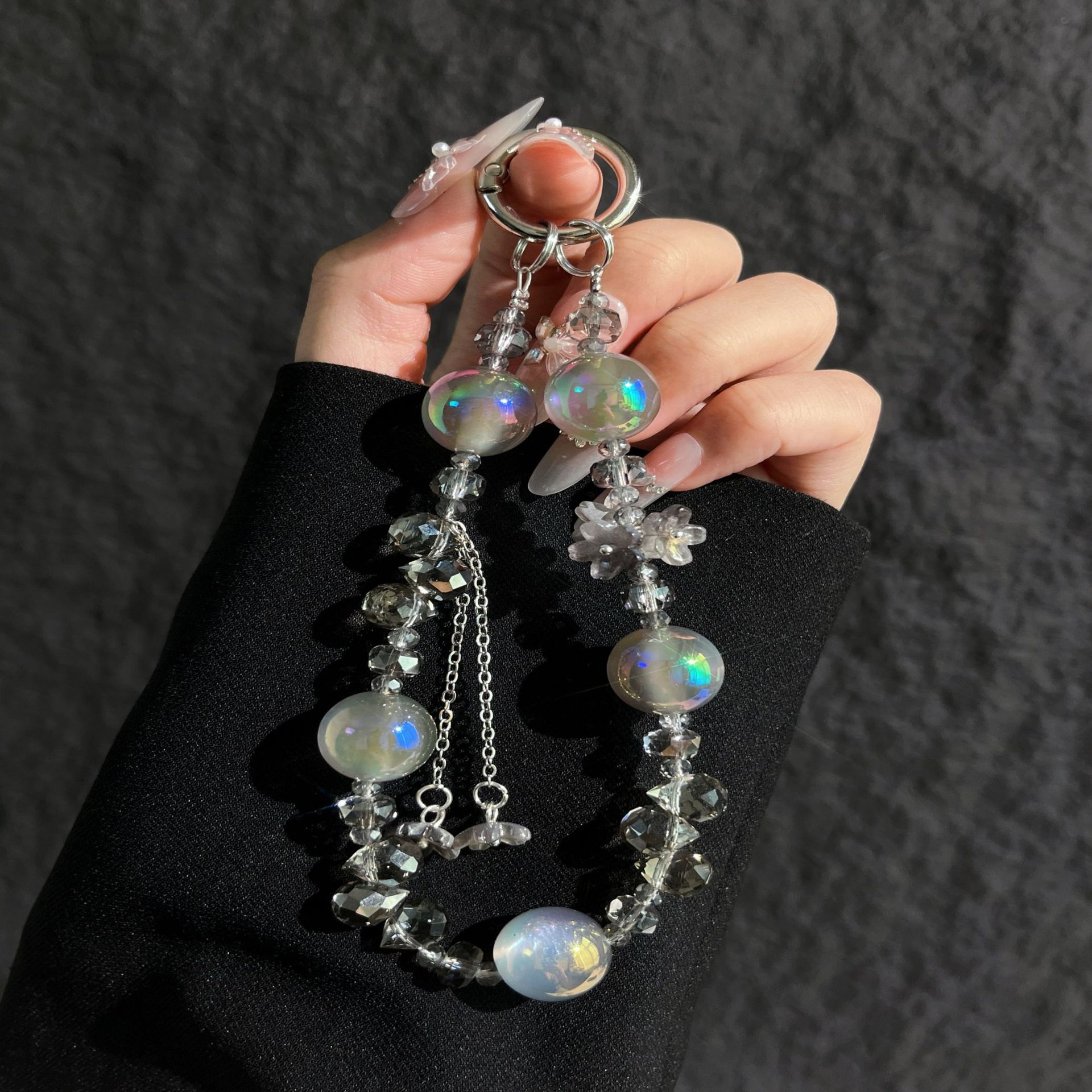 Cadena de la caja del teléfono móvil borla especial flor vidriado cuentas redondas cuentas de cristal cordón del teléfono móvil caja ciega adornos de joyería