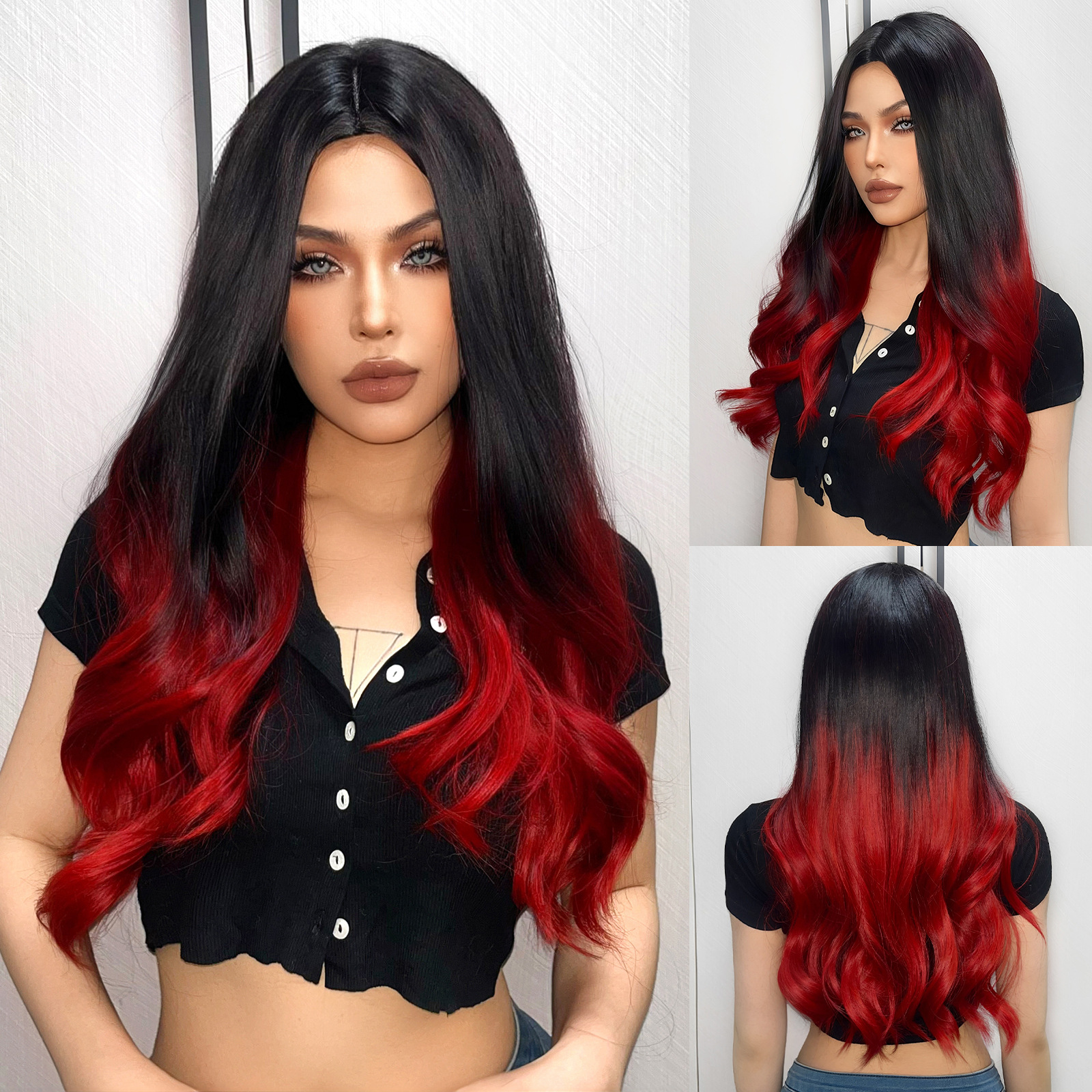 Ventas en caliente transfronterizas sin franjas picando teñido negro marrón cabello rizado largo temperamento de moda natural peluca de cabello largo