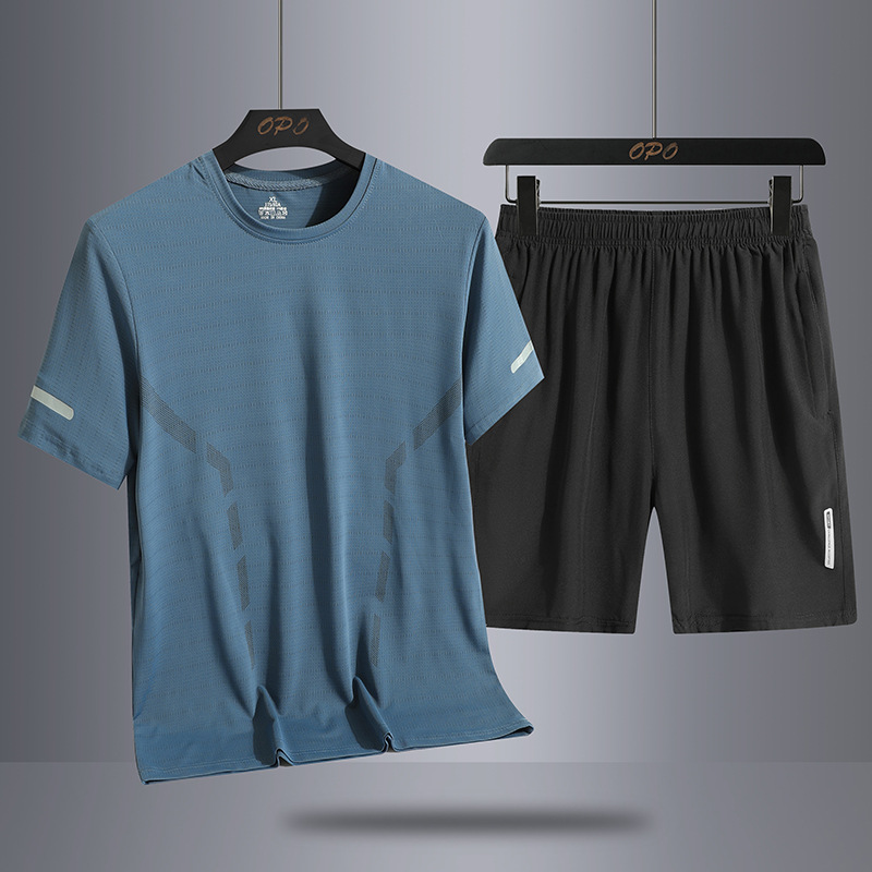 Verano hielo al aire libre hombre deportivo relajado tres piezas transpiración rápida secado cuello redondo camiseta pantalones set hombre