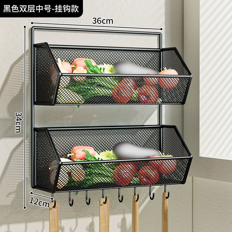 厨房墙上置物架免打孔多功能大葱姜蒜收纳筐双层悬挂架蔬菜调料架|undefined