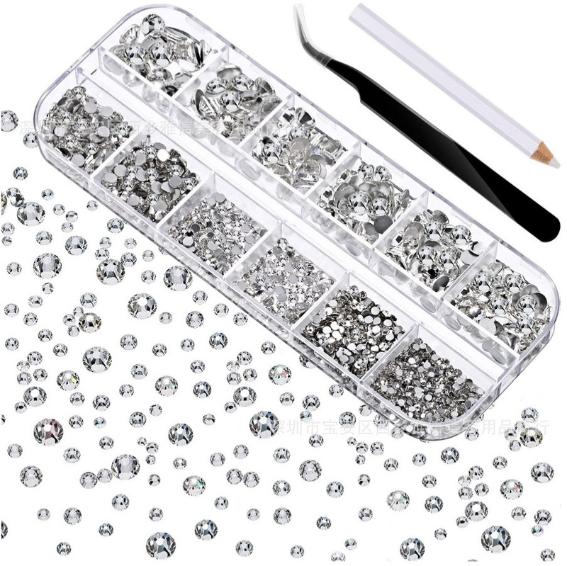 Nail jewelry rhinestone 12 box special-shaped nail art glass drill set 2000 curved tweezers DIY jewelry accessories Nail jewelry rhinestone 12 box special-shaped nail art glass drill set 2000 curved tweezers DIY jewelry accessories