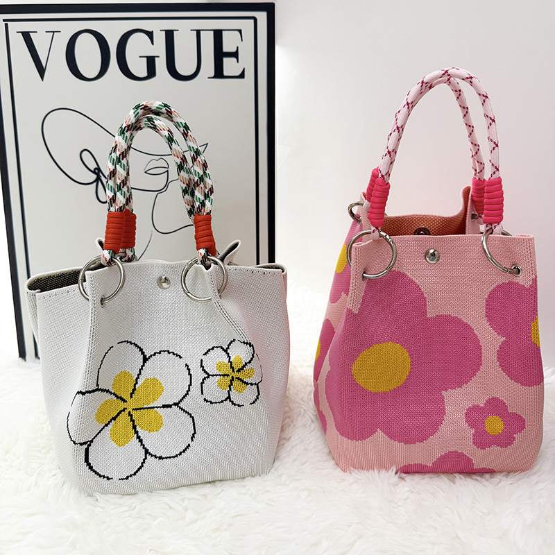 Floral Graphic Knit Ring Handle Bucket Tote Bag 30