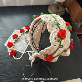 手工珍珠玫瑰花三角巾女春夏季新款田园风法式文艺百搭头巾发带女