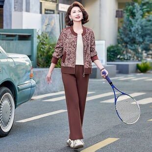2025 spring and autumn mother's new two-piece jacket pants western fashion middle-aged women's round neck suit