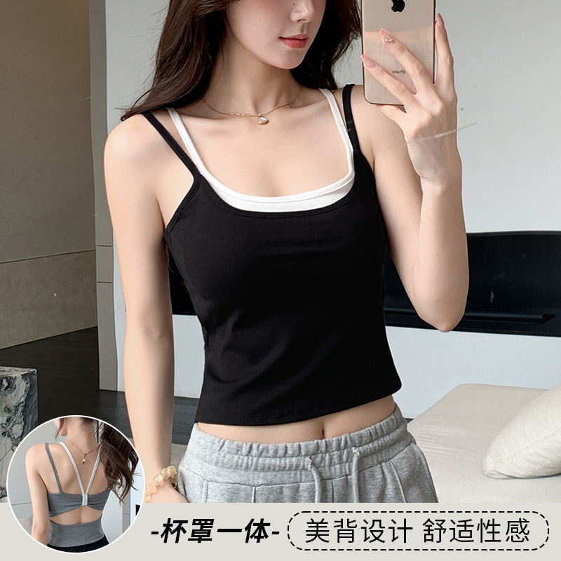 H166 偽ツーピース女性用サマースリムフィットキャミソール、胸パッド付き、ホットガールが外で着用できるトップス|undefined