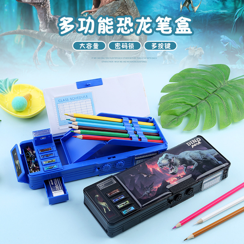 Caja de papelería con bloqueo de contraseña, botón multifunción, caja de lápices de gran capacidad de doble cara, dinosaurio, escuela primaria, niño, niña, jardín de infancia