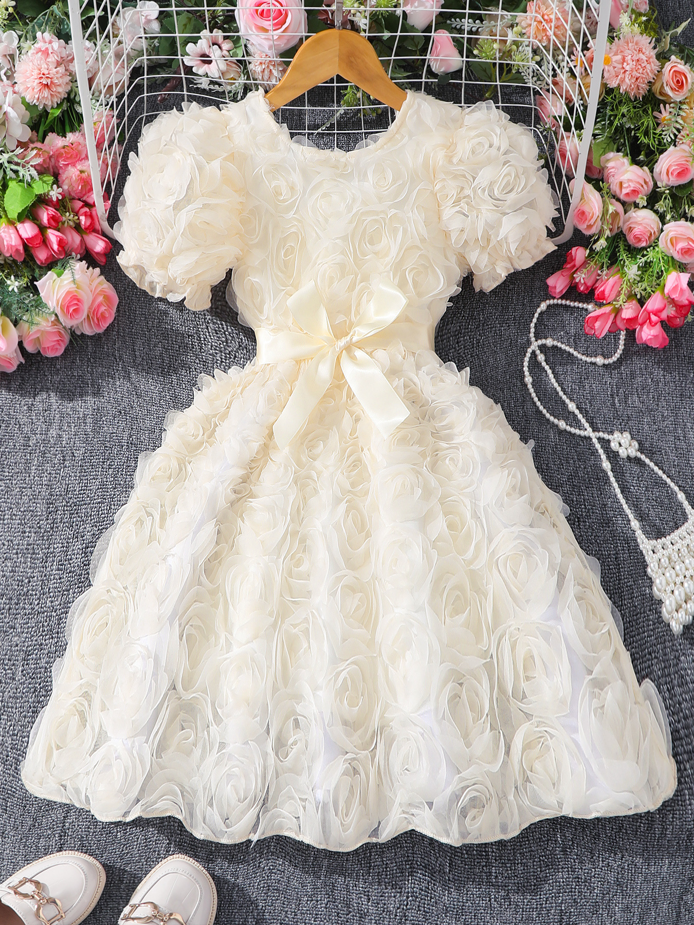 Vestido de niña (pequeño), vestido de fiesta elegante de rosa tridimensional