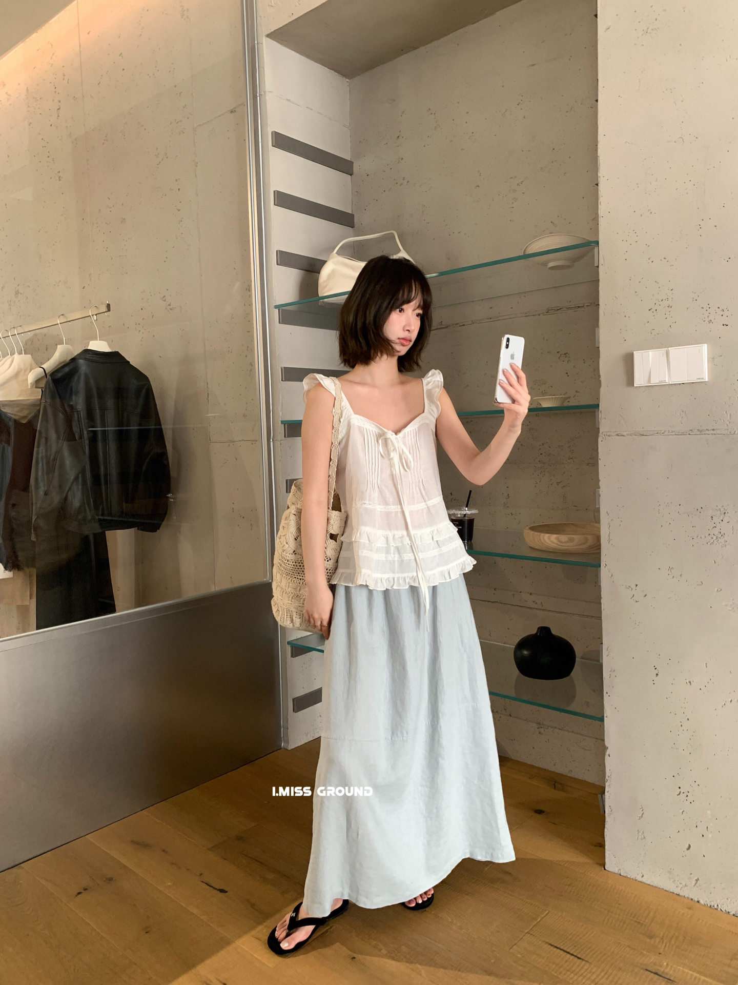 Chân váy midi linen cạp chun nữ phong cách Hàn Quốc — xanh đậm, màu trắng, màu xanh táo, yến mạch chi tiết 4