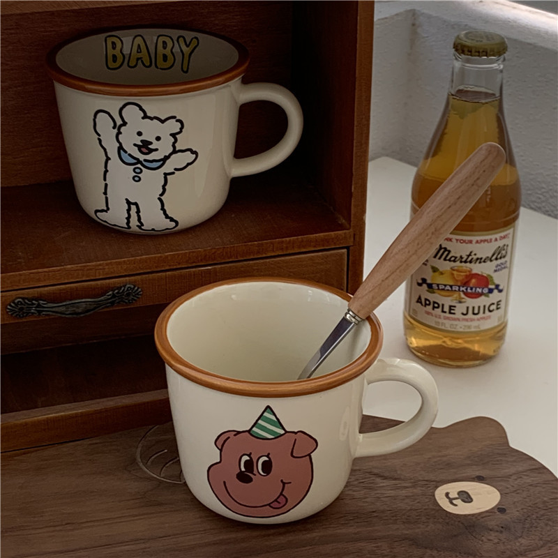 韓国式レトロな熊の子犬の陶磁器の杯の少女の心の漫画のマグカップのカップルの朝食のコップの牛乳の杯|undefined