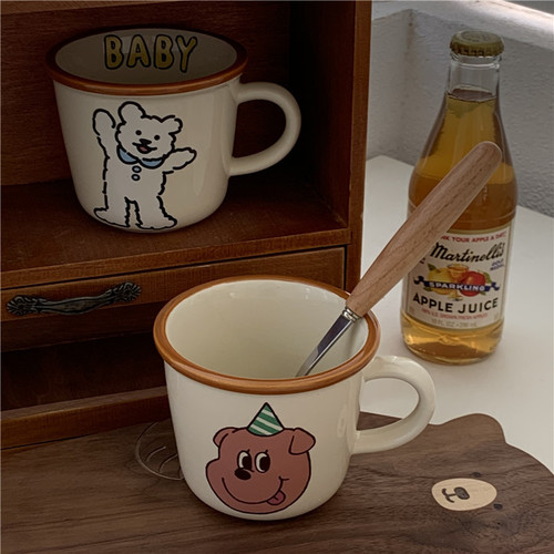 Korean retro bear puppy ceramic cup girl heart cartoon mug couple breakfast water cup milk cup