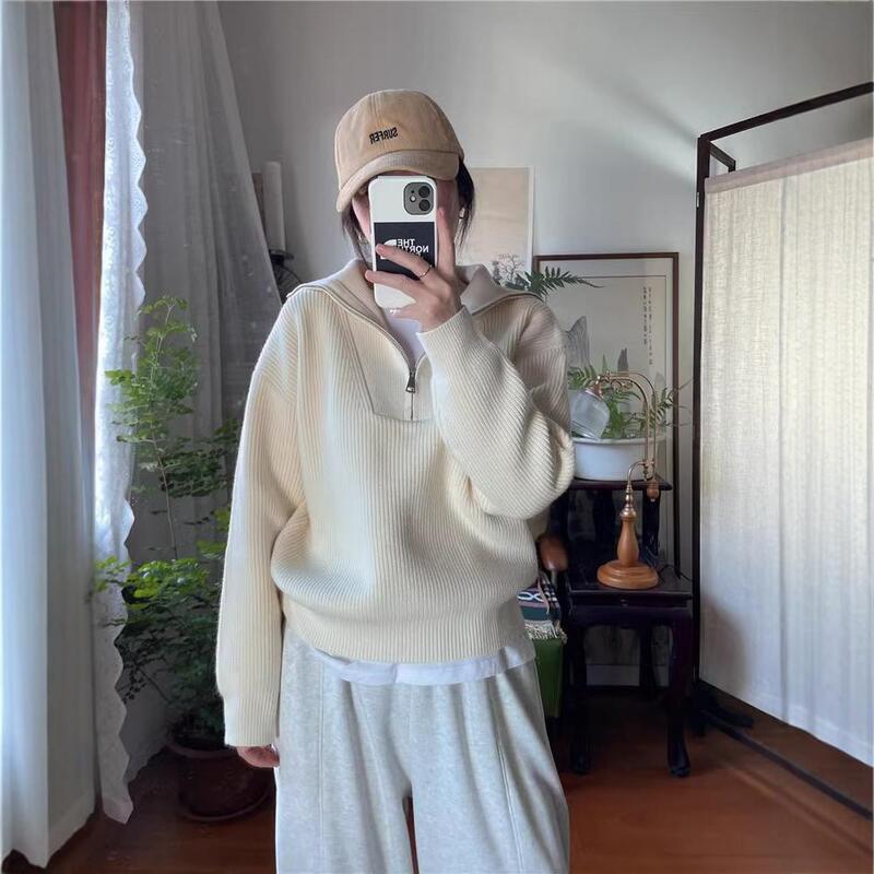 Lazy Style Lapel Zipper Knitted Autumn Korean Versatile Design Pit Sweater Women's Loose Puff Sleeves