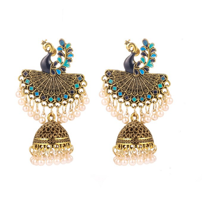 Cross-border Peacock Vintage Tassel Travel Photo Exaggerated Earrings Bohemian Bell Pendant Earrings