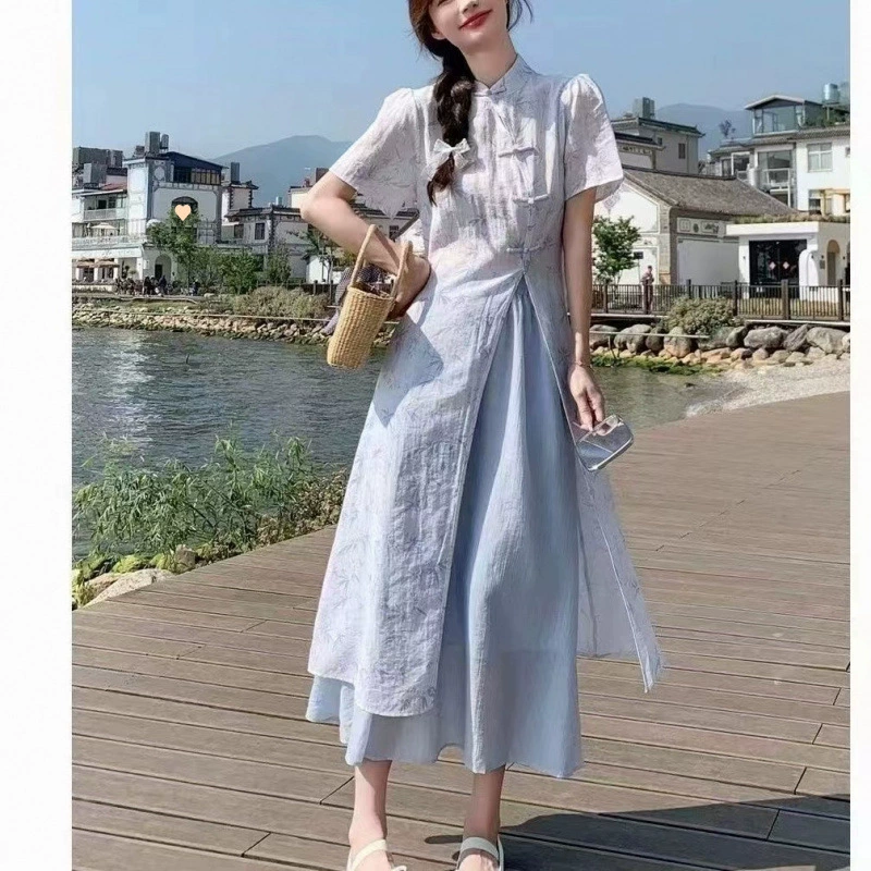 Новая женская верхняя рубашка в китайском стиле в национальном стиле с диагональной планкой и пуговицами в стиле дзен, молодой летний комплект из двух предметов 2025 года, закрывающий тело и придающий стройный вид