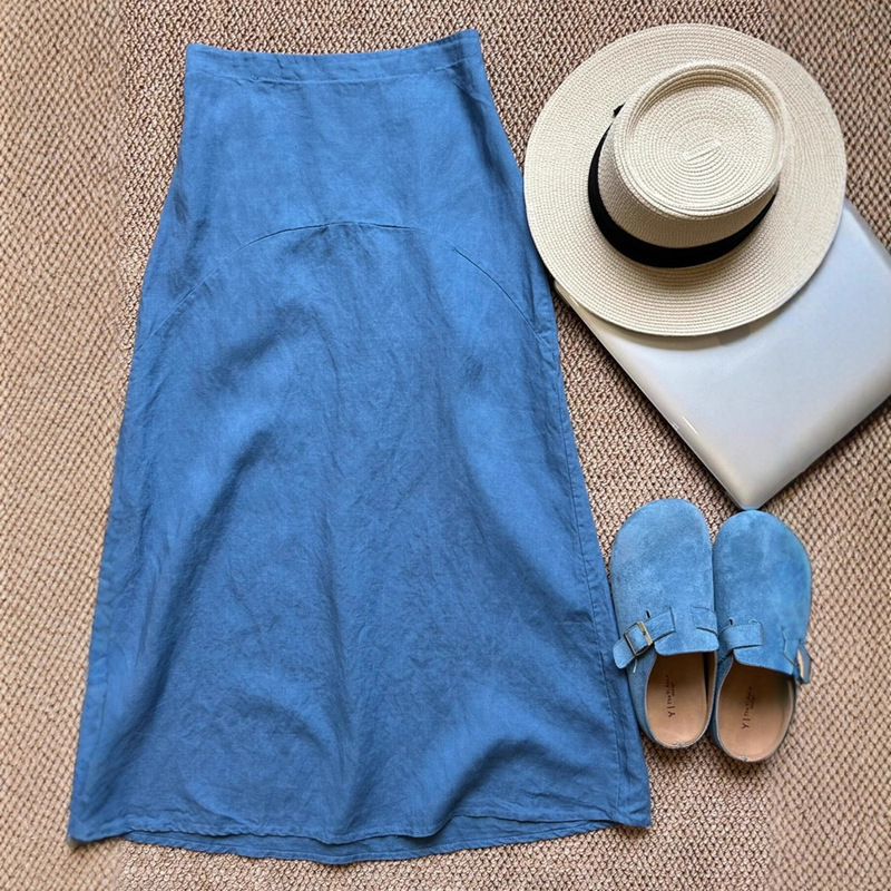 Highly Recommended! Vocal!! Blue Ice Silk Linen Skirt Women's Casual Versatile Splicing A-Line Umbrella Skirt