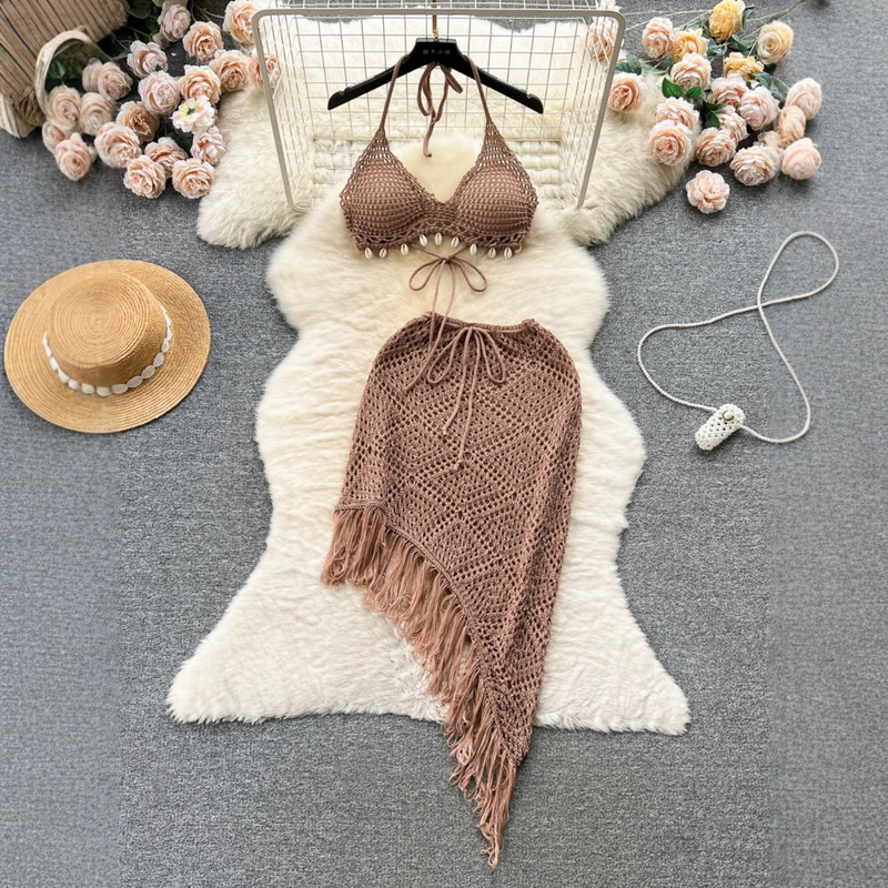 Cross-Border Hong Kong Style Vacation Style Suit for Women, Designer Bikini Halterneck Vest, Versatile Tassel Skirt, Knitted Two-Piece