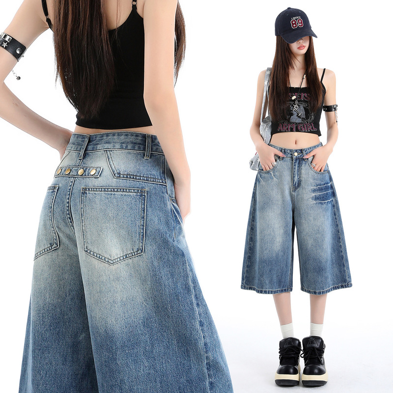 【Jin Yin】American Retro Loose Denim Cropped Pants for Women, Unique Design, High Street Style, Petite Straight Wide-Leg Pants