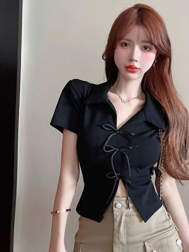 Pure desire sweet and spicy bow polo-neck short-sleeved t-shirt women's summer design niche French short shoulder top