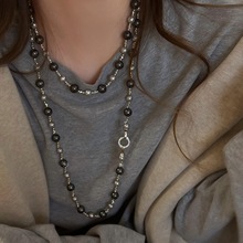 施家灰色珍珠项链女2023新款轻奢气质高级感锁骨链长款毛衣链配饰
