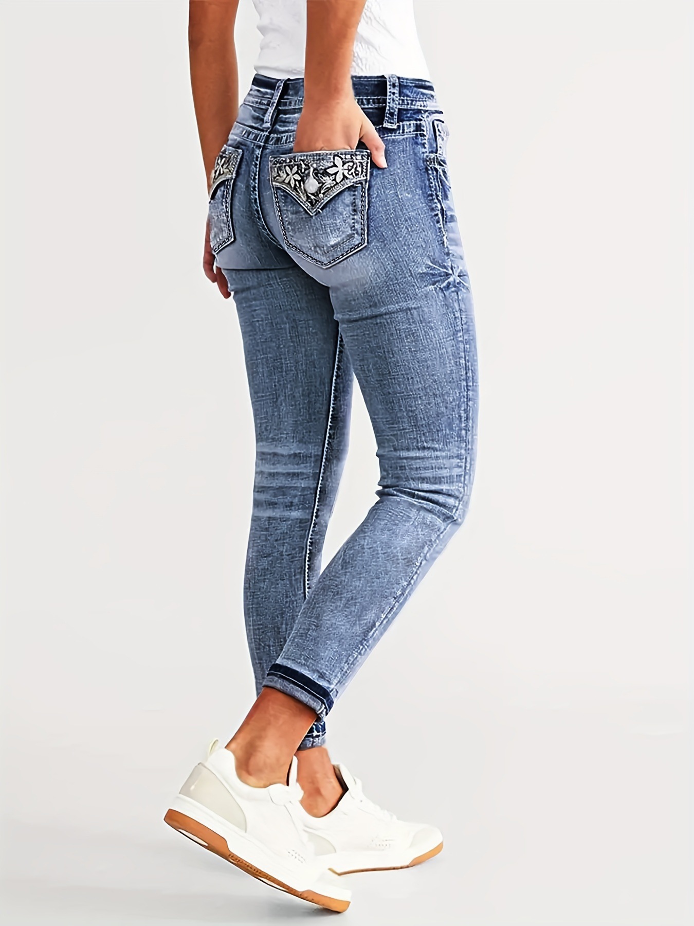 Jeans Bordados Ajustados para Mujer de Mezclilla de Algodón, Elástico