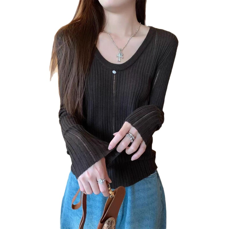 别致气质修身打底衫女早秋纯欲低领毛衣高级感内搭长袖针织衫上衣|undefined