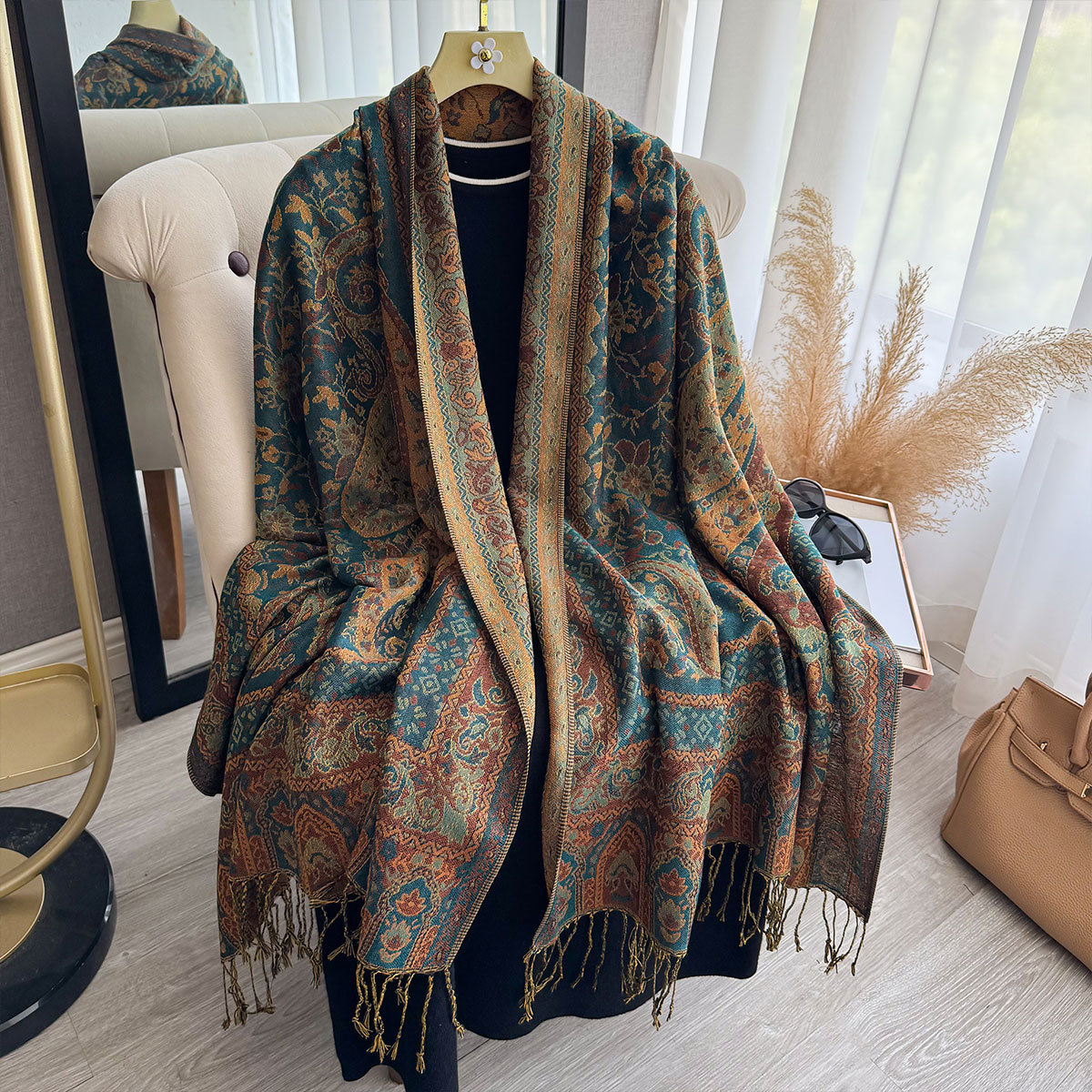 Classic Ethnic Style Popular Cashew Nutty Printed Whiskers Tassel Long Scarf Women's National Style Imitation Cashmere Scarf Elegant Shawl
