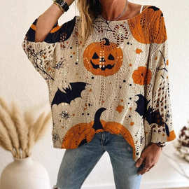 现货万圣节跨境热卖圆领针织衫南瓜宽松休闲女士长袖镂空毛衣罩衫