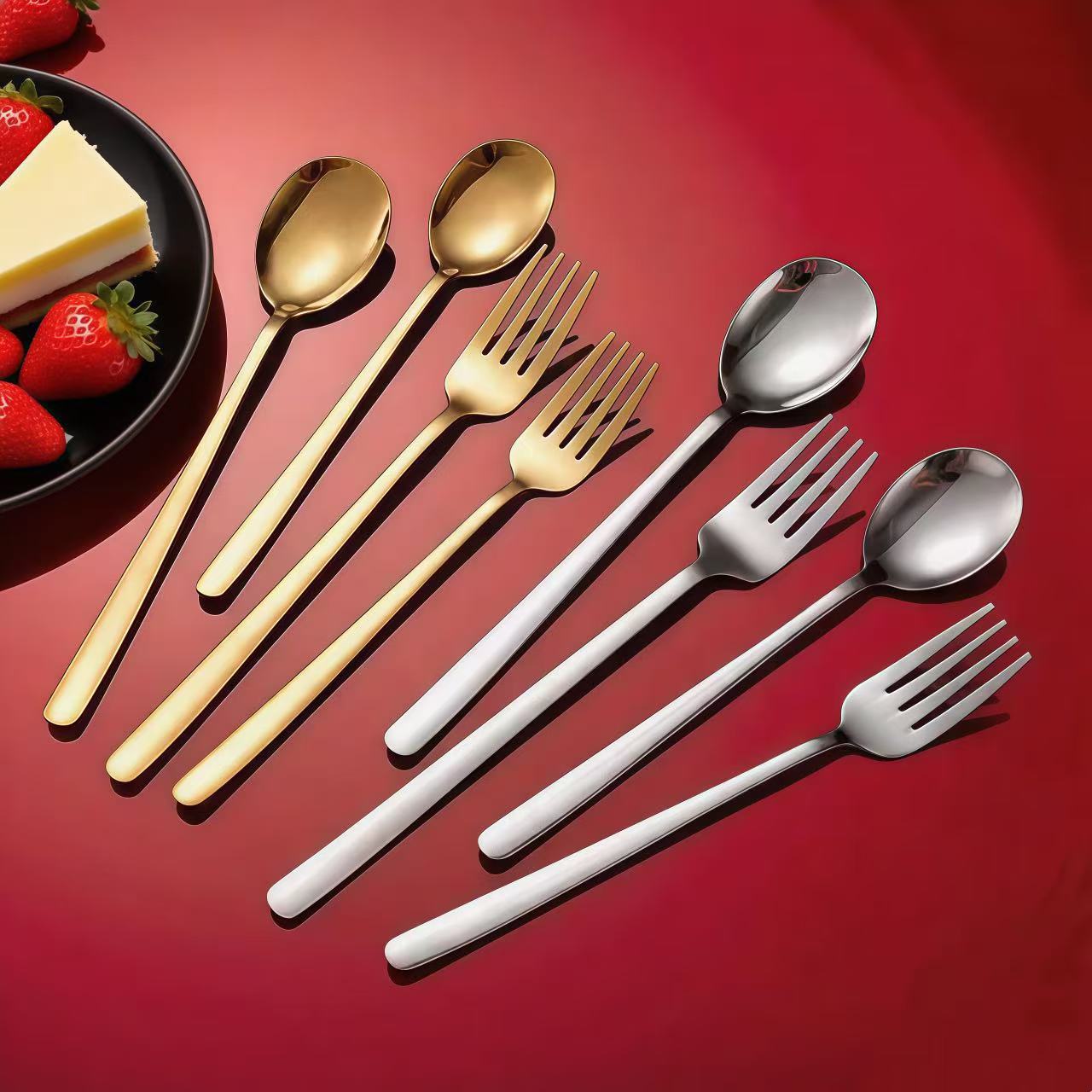 Cross-border 304 Stainless Steel Ruyi Spoon Fork Golden Korean Fork Long Handle Steak Fork Spoon Spoon Spoon Thickened Korean Spoon