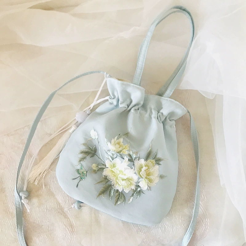 Handheld Hanfu Drawstring Bag, Embroidered Tassels, 22×22 cm, Handmade Accessory
