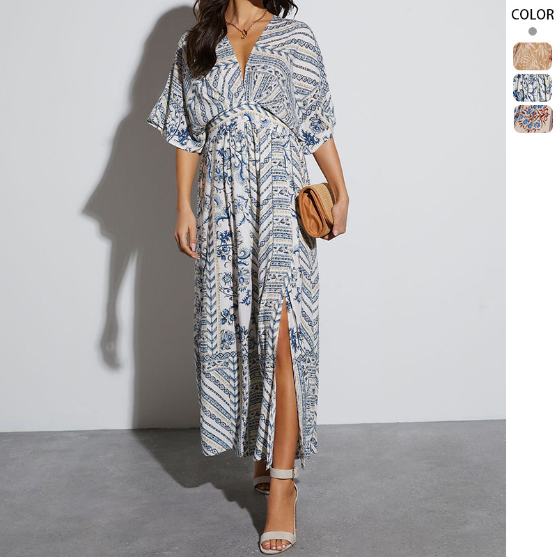 2025 Export Women's Clothing European and American Amazon Cross-Border Spring and Summer Printed Long Short-Sleeved Printed V Neck Dress for Women