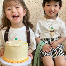 新款韩版儿童套装男女童兄妹装龙凤胎姐弟装冰淇淋立体图案中小童