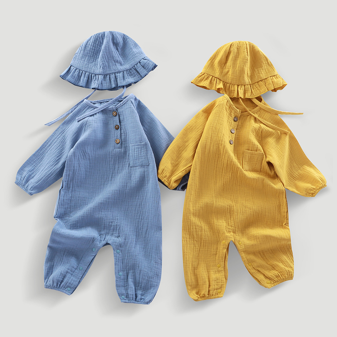 Infant Summer One-piece Suit Hooded Double-layer Yarn Cotton Pure Color Breathable Sweat-absorbent Fashionable Simple Home Climbing Suit