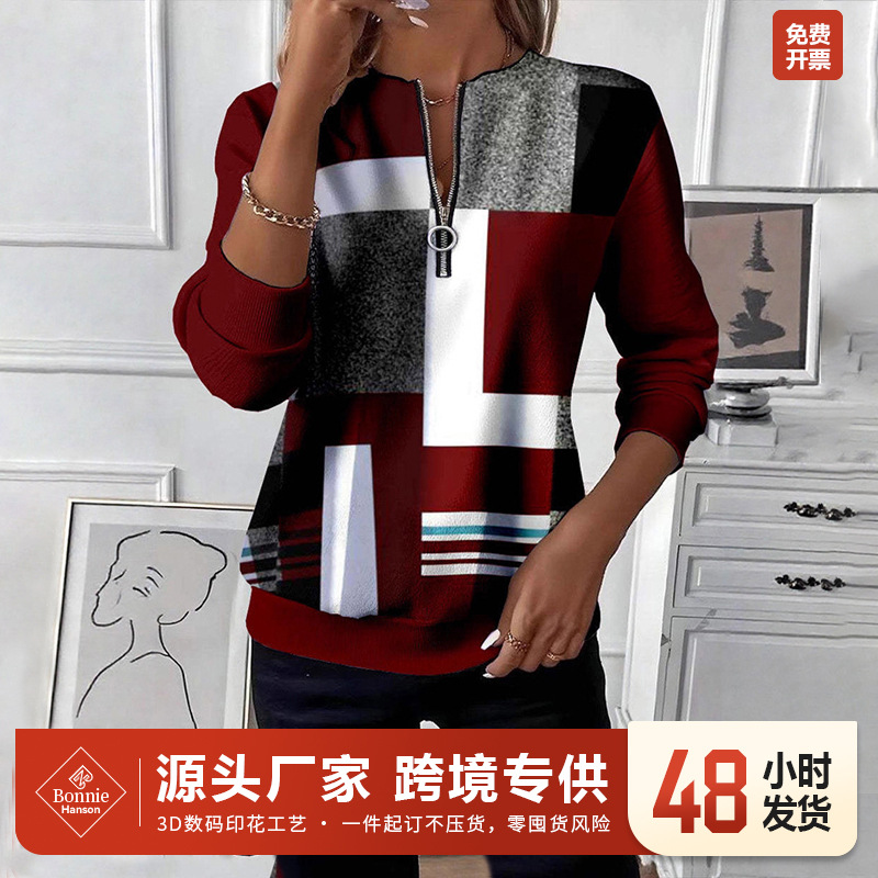 2025 Autumn European and American New Long-Sleeve Women's T-Shirt Bohemian Style Printed Sweatshirt Casual Sports Top