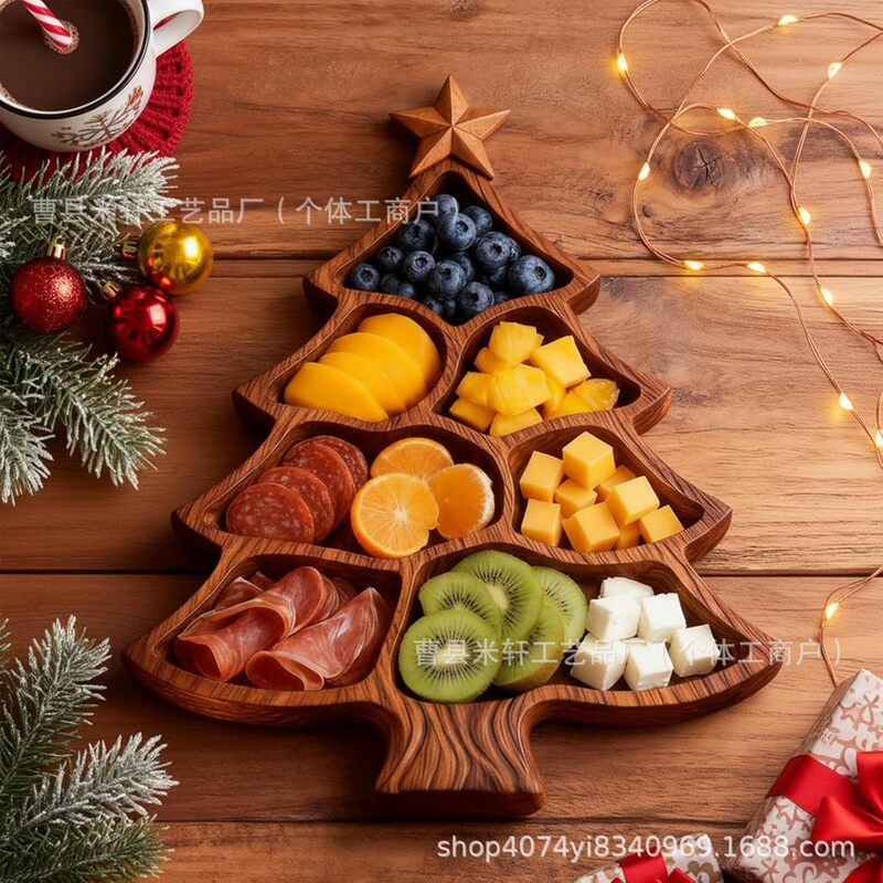 New Wooden Tray Christmas Tree Shape Fruit Nut Platter Restaurant Dessert Plate Holiday Candy Fruit Plate