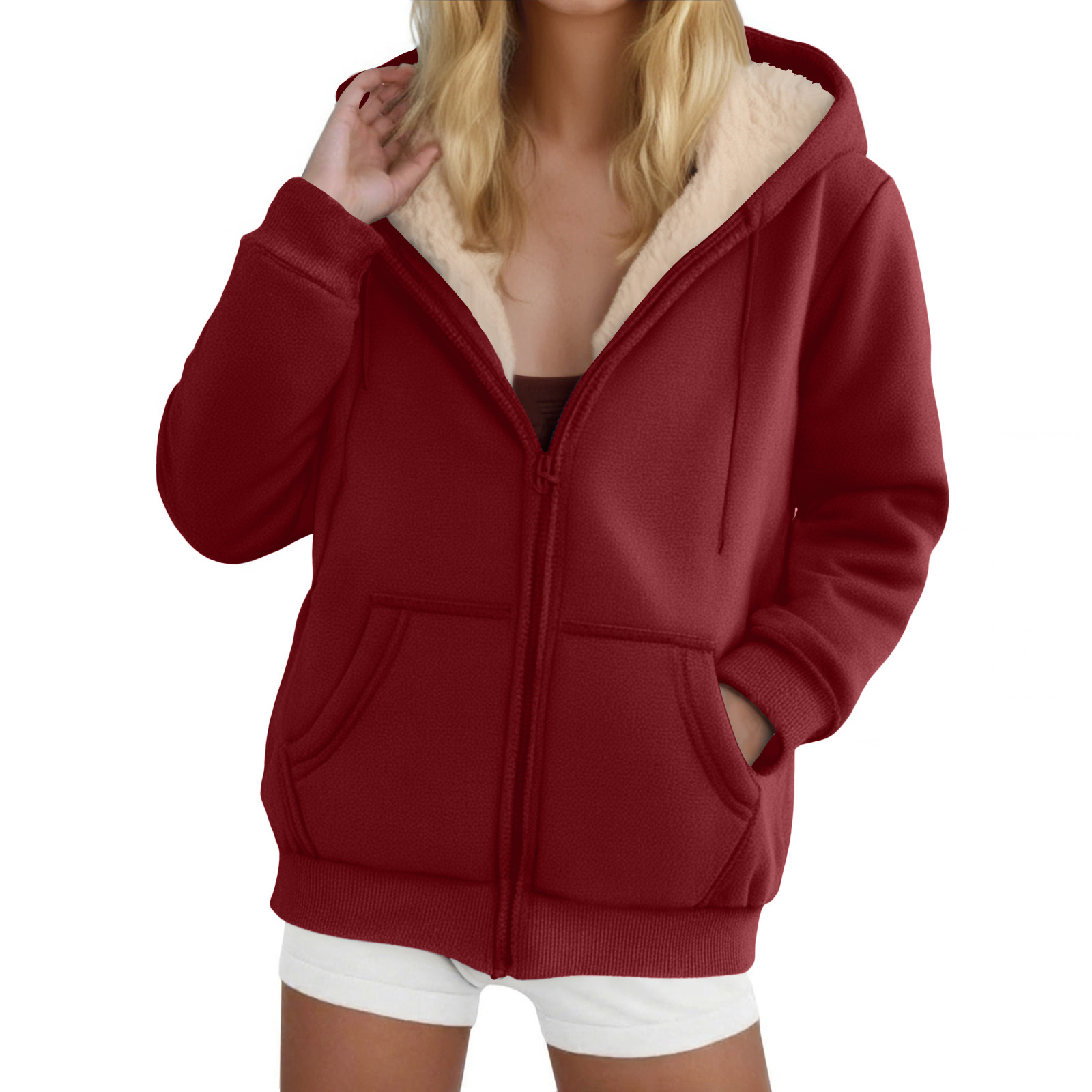 Sudadera con capucha para mujer de borreguito gruesa con forro_voghion.com