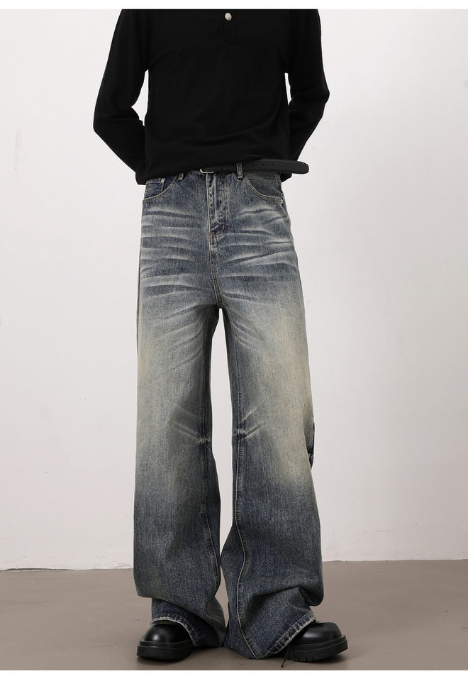 Quần jeans nam dáng chữ A ống rộng phong cách retro, râu mèo nổi, lưng vừa, dài ống suông — Màu xanh dương chi tiết 15
