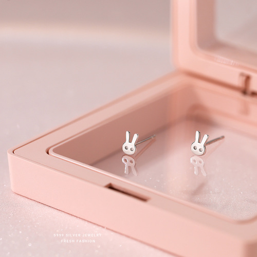 999 Silver Small Rabbit Ear Studs for Women, Korean Style Minimalist Fashion, Versatile and Cute, Instagram-Inspired Personality Earrings, Drop-Shipped