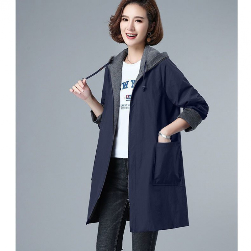 中年胖妈妈装秋冬新款双层内衬中长款连帽风衣女显瘦简约休闲宽松|undefined