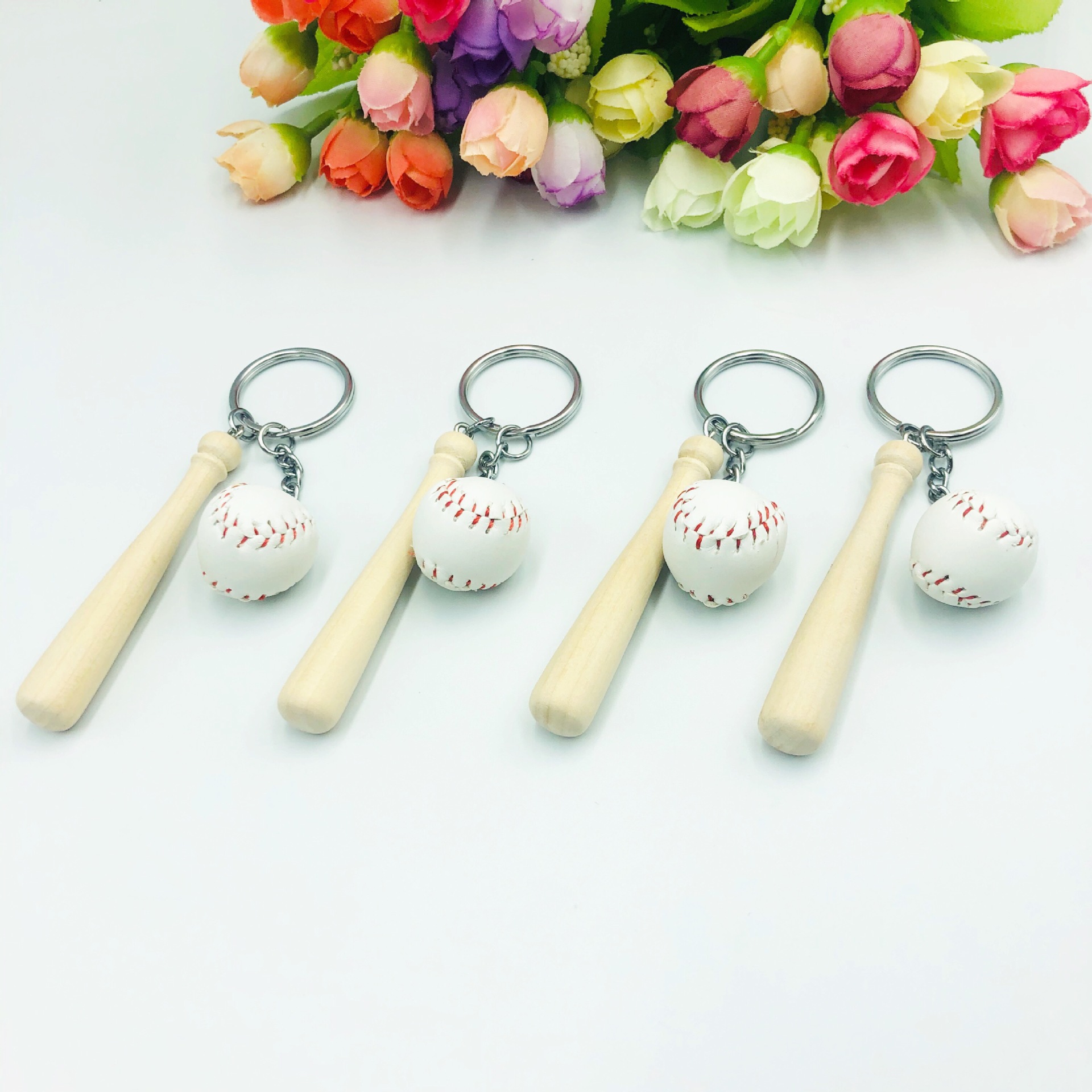 Mini simulación tamaño pequeño béisbol con gran palo de madera 2-pieza llavero colgante adornos deportivos recuerdo