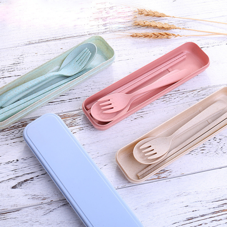 Wheat Straw Tableware Fork, Spoon and Chopsticks Three-Piece Set Scandinavian Color Kidsren's Outdoor Travel Picnic Portable Tableware Set