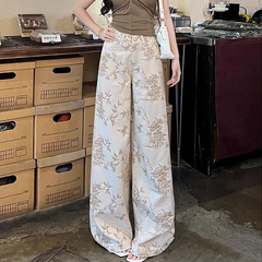 女性用ニッチレトロプリントワイドレッグパンツ、春夏の新しいスタイル、レイジー、ハイエンド、ユニークなニッチファッションフロアレングスカジュアルパンツ