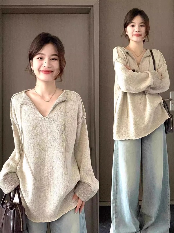 美式复古针织衫女秋季新款宽松慵懒风v领长袖毛衣显瘦设计感上衣|undefined