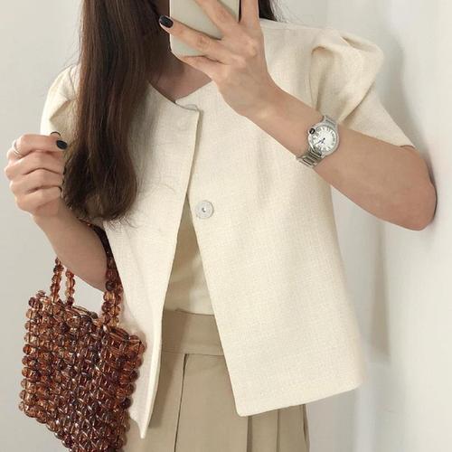 South Korean chic summer French minimalist niche minimalist puffed sleeve two-button round neck loose cardigan jacket top for women