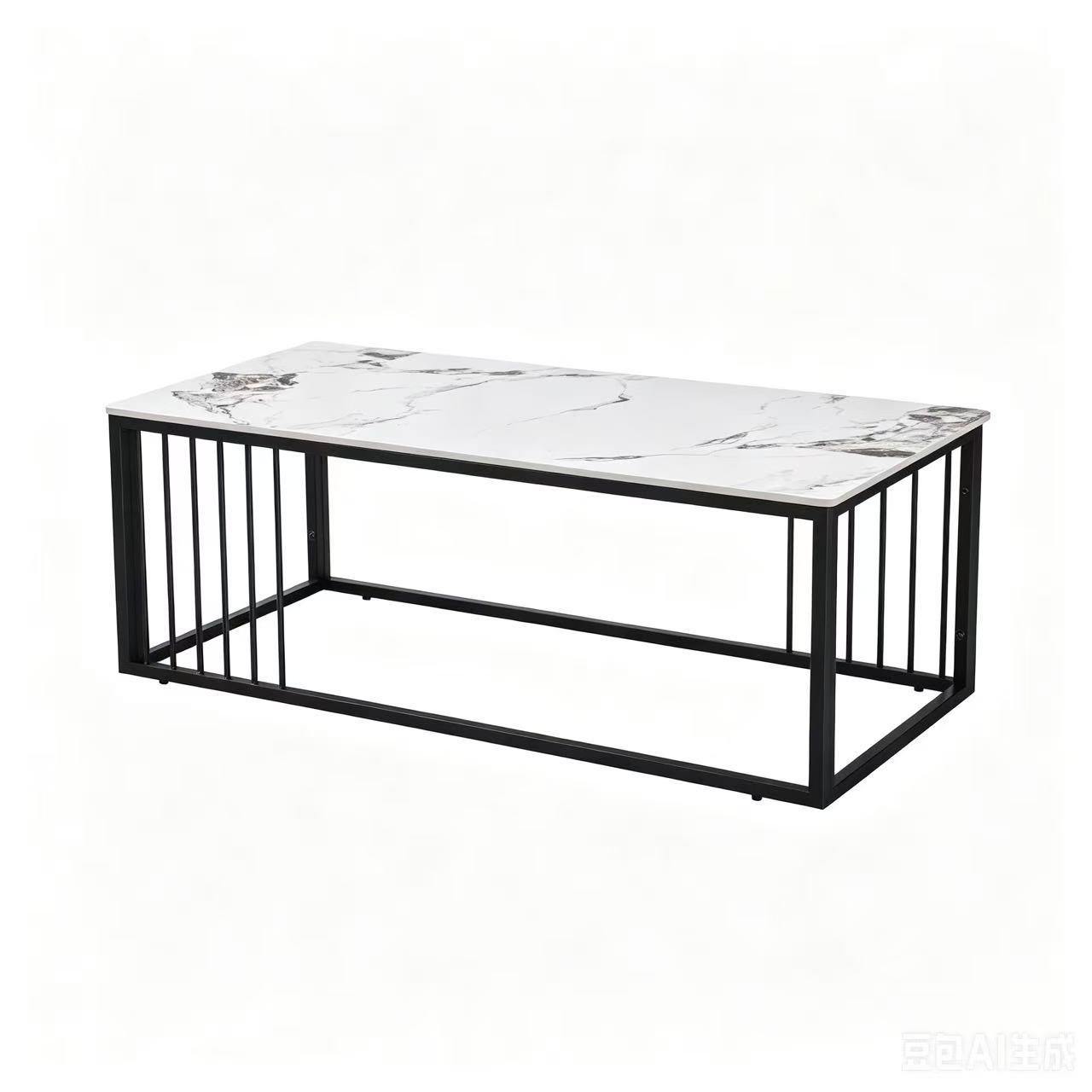 Italian-style light gray rock slab minimalist black coffee table with thickened rock slab and iron frame for the living room