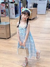 女童夏季连衣裙女孩复古格子拼色背心裙夏装民族风儿童休闲棉布裙